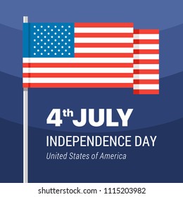 Big American Flag on 4th of July the Independence Day. Flat vector patriotic illustration card