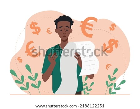 Big amount bill. Man looks at check. Estimation of expenses and incomes, budget and financial literacy. Character received information about expenses, confused guy. Cartoon flat vector illustration