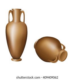 Big amphora vase dark clay pattern, little lies on one side of white background