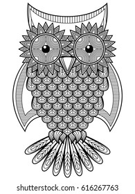 Big amusing cartoon ornate owl outline isolated on the white background, vector illustration