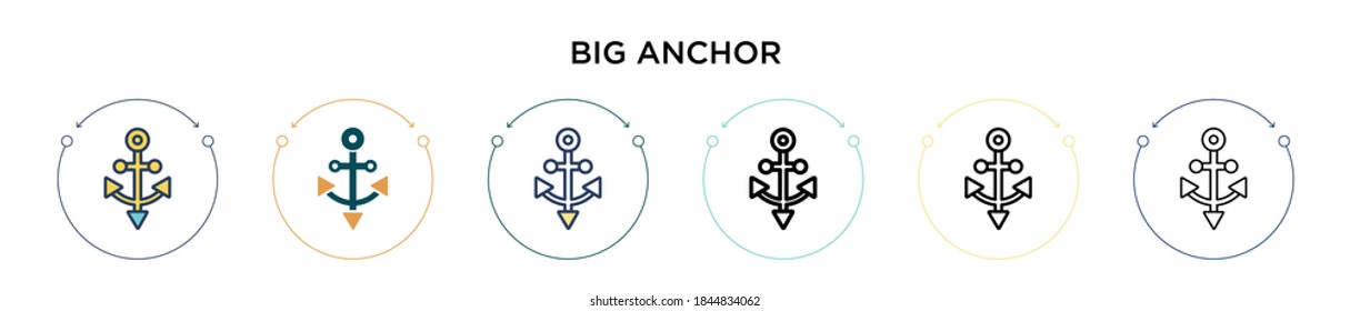 Big anchor icon in filled, thin line, outline and stroke style. Vector illustration of two colored and black big anchor vector icons designs can be used for mobile, ui, web