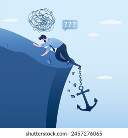 Big anchor pulls businessman into abyss. Burnout at work. Insurmountable obstacles, difficulties, debts. Male entrepreneur cannot crawl away from psychological pressure, mental problems. Debt hole.
