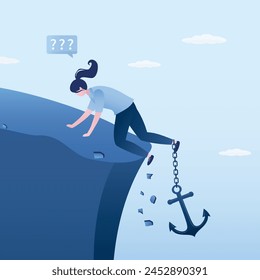 Big anchor pulls businesswoman into abyss. Insurmountable obstacles, difficulties, debts. Female entrepreneur cannot crawl away from business problems. Money gap or debt hole. Flat vector illustration