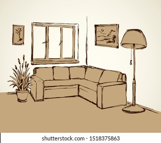 Big angle daybed on light hotel floor backdrop. Freehand linear black ink hand drawn decor design project sketchy in art retro cartoon scribble engraving style pen on paper with space for text on wall