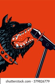 Big angry dog is barking in a microphone. Template for music posters. Heavy metal style.