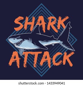 Big angry hungry dangerous abstract shark attack animals predator fish in deep ocean sea California Hawaii vintage style fashion trendy illustration print t-shirt summer poster sticker badge patch