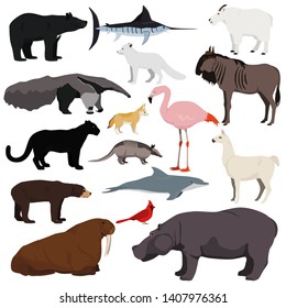 Big animal collection. Vector set of wild animals, birds, fish. Isolated on white background.