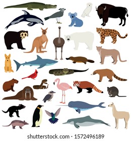 Gran colección de animales. Conjunto vectorial de animales salvajes y aves. Ilustración de material aislada en fondo blanco.