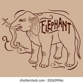 Big Animal. Elephant On A Beige Background. Elephant With A Sign. Contour Elephant. Hand Drawing Of An Elephant. Elephant From The Side. Vector Drawing Of An Elephant. Vintage Elephant.
