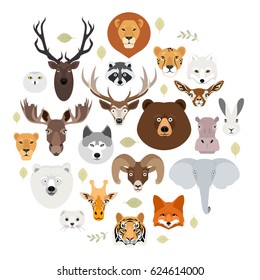 Big animal face icon set. Cartoon heads of fox, rhino, bear, raccoon, hare, lion, owl, rabbit, wolf, hippo, elephant, tiger, giraffe, moose, deer, elk, sheep, ram, ermine
