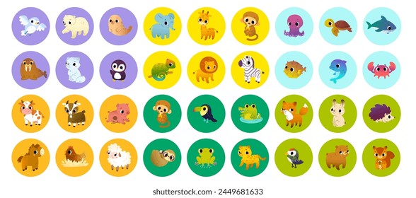 Conjunto de animales grandes. Conjunto de pegatinas de dibujos animados de animales bebés en círculos. Vector Paquete de lindos animales salvajes para niños. 