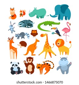 Big animal set. Collection of cute cartoon characters isolated on white background. Flat vector illustration.