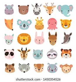 Big animal set. Cute faces. Hand drawn characters. Vector illustration.