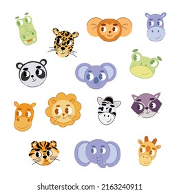 Big animal set. Cute faces. Hand drawn characters. Vector illustration