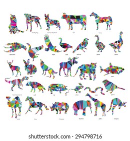 Big animal set: jerboa, giraffe, snake, horse, goose, rhino, camel, kangaroo, tiger, rabbit, dog, cat, goose, cow, pig, moose, deer, snake, 