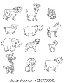 Big animals set for coloring book. Outline vector illustration for children. Cute cartoon characters. Farm, forest and jungle animals.