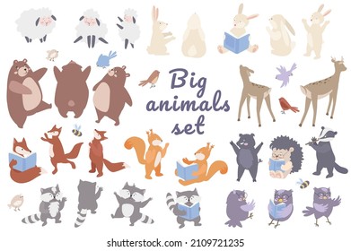 Big animals set concept isolated on background. Bundle of cute pets. Sheep, rabbits, bears, deer, foxes, squirrels, raccoons, owls, boar, hedgehog, badger. Vector illustration in flat cartoon design