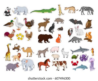 Big Animals Set Flat Style Illustration With Animals Collection Stickers Of Ocean Farm Forest Asian Australian African South American Animals Set Of Vector Cartoon Creatures From Different Continents