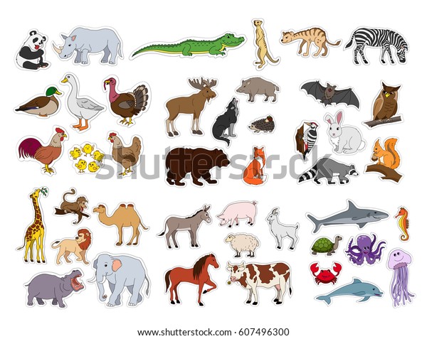 大きな動物が平らなイラストを描き 動物コレクションのステッカーが付いています アジアのアフリカ南米のアジアの動物です 異なる大陸のベクター漫画の生き物のセット のベクター画像素材 ロイヤリティフリー