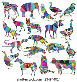 Big animals set triangle style. Cat, hunting dog, German shepherd, goose, moose, goose, sparrow, tyrannosaurus Rex, elephant, flying duck, pig, cow, wolf, eagle, horse, deer 