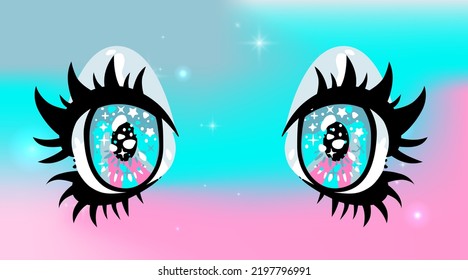 Big anime cartoon eyes with long eyelashes and sparkles.