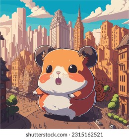 A big anime hamster like kaiju monster  terrorizing city  vector illustration  mascot kawaii