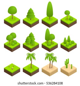 Big ans small trees, pine, shrubs, felled trees, cacti, palms to create a design landscape and parks. Flat 3d isometric illustration. 