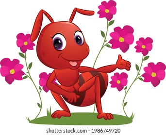 The big ant is showing colorful flowers in the garden of the illustration