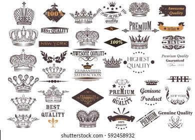 Big antique collection of vector crowns and labels for vintage design