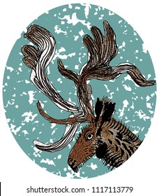 Big antlered deer portrait enclosed in blue ellipse background. Side view of head, neck, and antlers, watercolor style vector illustration. 