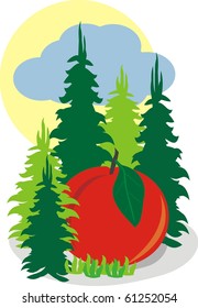 Big Apple in a fairy fir forest, sky, cloud, sun
