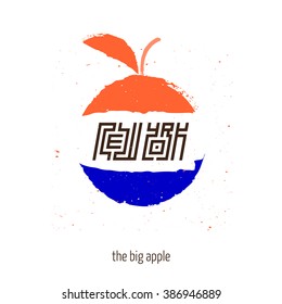The Big Apple with hand lettered inscription New York. Apple painted in colors of New York City flag.