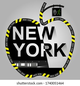 The Big Apple (New York) urban style vector illustration with caution ribbons and subway train
