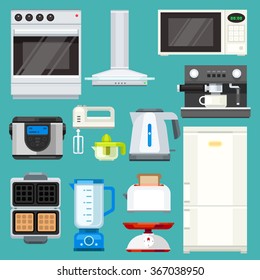 Big  appliance set! Isolated objects: : washing machine, coffee machine with mug, juicer, mixer, microwave oven, mincer, pot, fridge. Flat vector illustration set. 