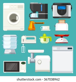 Big  appliance set! Isolated objects: washing machine, coffee machine with mug, juicer, mixer, microwave oven, mincer, toaster, scales. Flat vector illustration set.