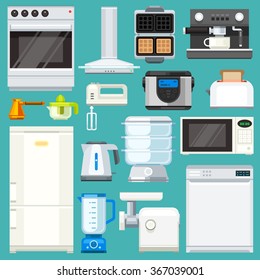 Big  appliance set! Isolated objects: : washing machine, coffee machine with mug, juicer, mixer, microwave oven, mincer, pot, fridge. Flat vector illustration set. 