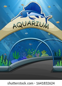 Big aquarium entrance with lives underwater illustration