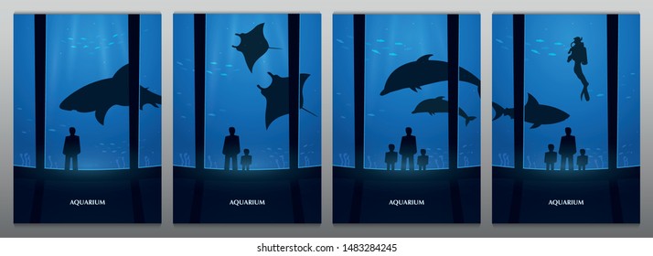 Big Aquarium, Oceanarium or Dolphinarium With dolphin, shark and crampfish. People with children watching the underwater world