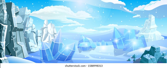 Big arctic panorama background. Stone and icy rocks in snow desert. North Pole or South Pole.