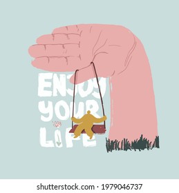 big arm with swing and small person. enjoy your life. handdrawn illustration