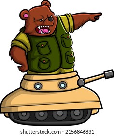 El gran oso del ejército está apuntando y parado en el tanque de ilustración