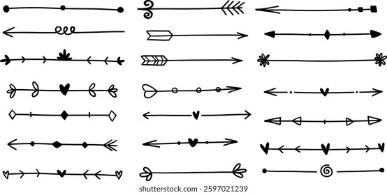 Big arrow doodle divider sketch scribble direction checkmark doodle comic set heart, arrow, highlight underline text vector cute minimalist simple illustration for wedding menu.