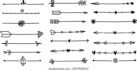 Big arrow doodle divider sketch scribble direction checkmark doodle comic set heart, arrow, highlight underline text vector cute minimalist simple illustration for wedding menu.