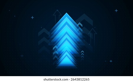 A big arrow moving up on dark blue background. the bright arrows upward growth trend of forex, finance, business, stock market vector illustration
