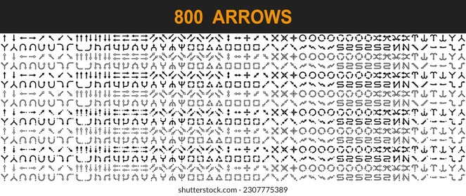 Big arrow set of 800 icons in 8 styles. Solid, filled, outline, pulsar line and other arrows for web design. Huge vector collection of isolated black and white arrow signs. Pixel perfect pictograms.