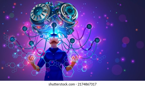 Big Artificial Brain Or Supercomputer With AI Via Wires Connected With Human Brain. Deep Learning Of Neural Networks, Artificial Intelligence Concept. Sci-fi Illustration Of Tech Genius Or Super Human