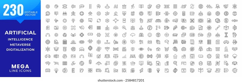 Big artificial intelligence line icons mega collection. AI technology, machine learning, metaverse, digitalization, digital AI technology, algorithm, big UI icon set. Thin outline icons pack.