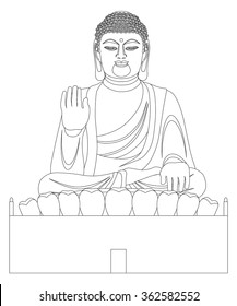 Big Asian Buddha Sitting on Lotus Pad Statue Front Facing Black and White Line Art Vector Illustration