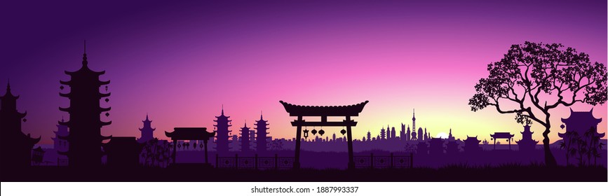 Big Asian city. Cityscape with a beautiful sunset. Cyberpunk and retro wave style illustration. Stock vector illustration. Panoramic wallpaper with city views. eps 10 vector 