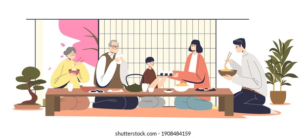 Big asian family together during holiday dinner in traditional japanese interior eating eastern food. Parents, grandparents and son enjoy national dishes. Cartoon flat vector illustration